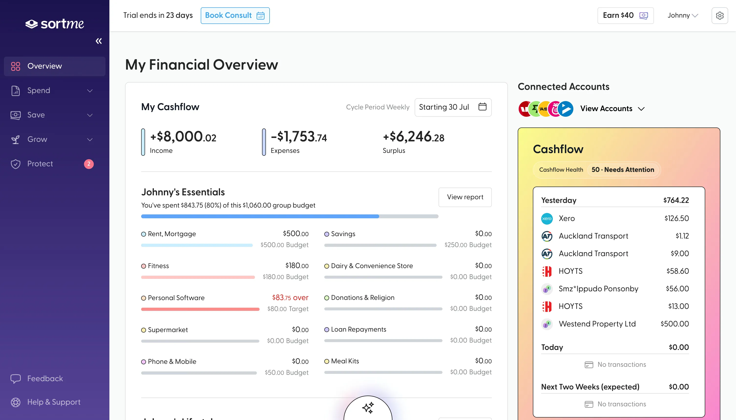 The SortMe desktop app: My Financial Overview with cashflow, budgets and connected accounts