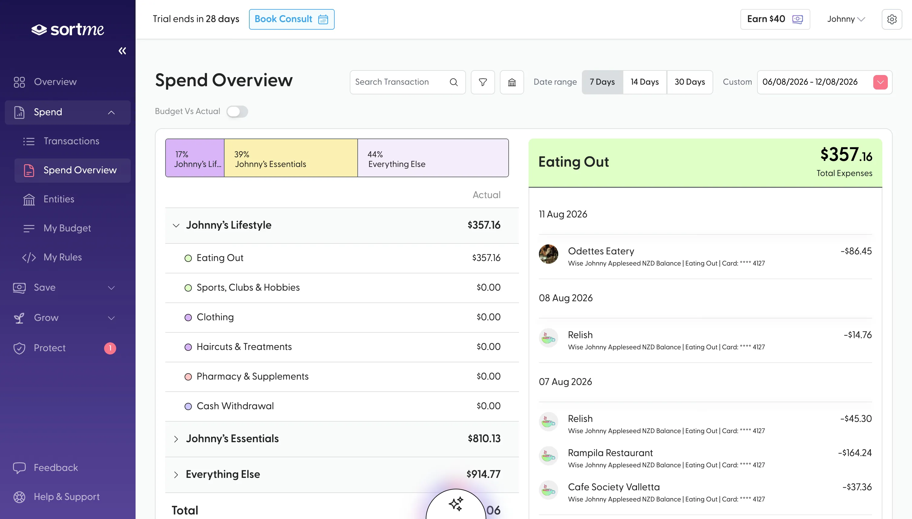 The SortMe Spend Overview with every transaction categorised automatically