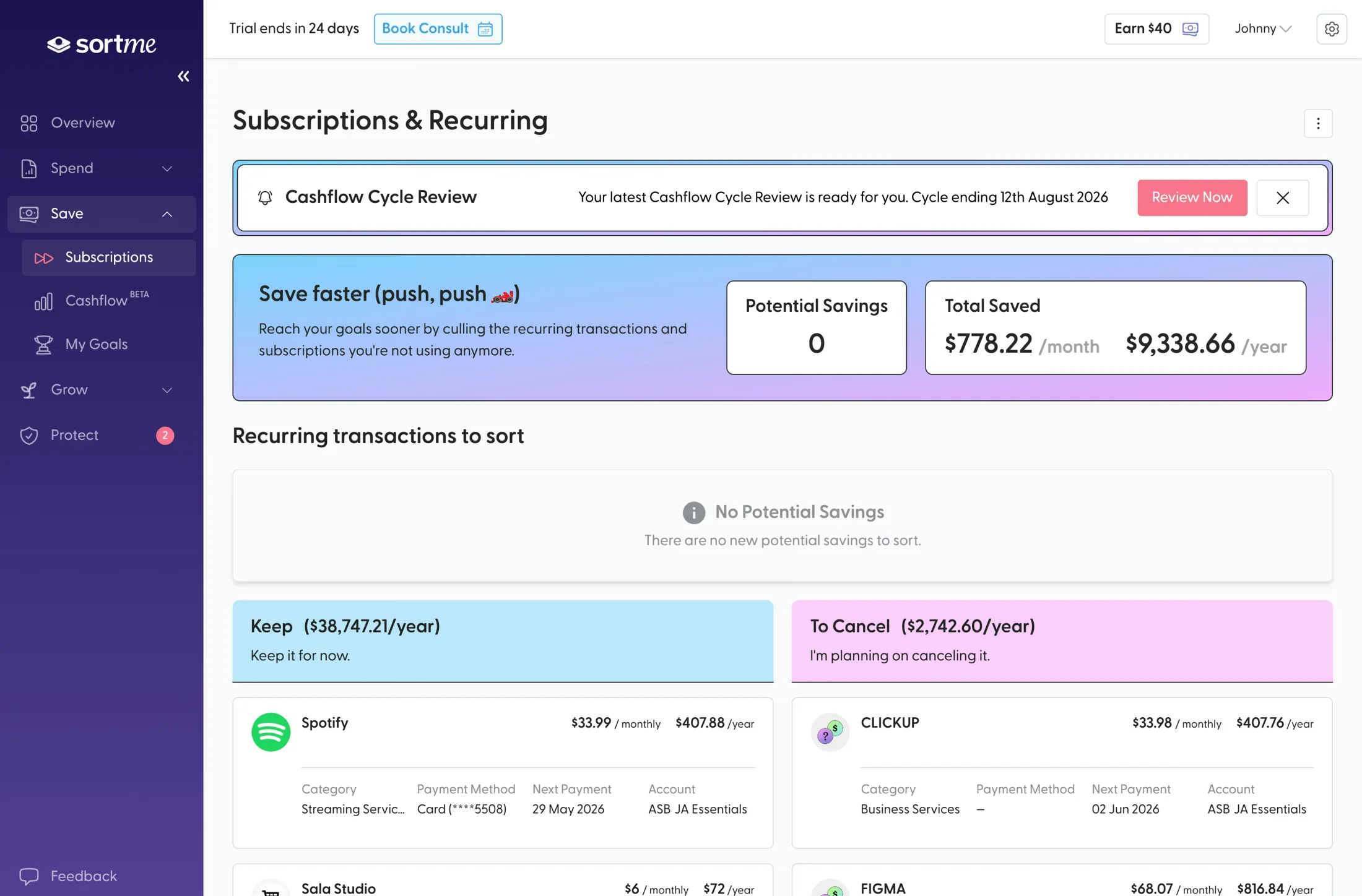 The SortMe subscriptions screen: every recurring charge split into Keep and To Cancel, each with its monthly and yearly cost