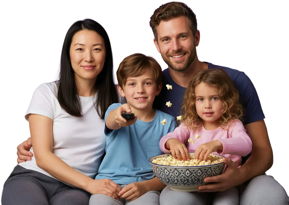 A family on the couch with the remote and a bowl of popcorn