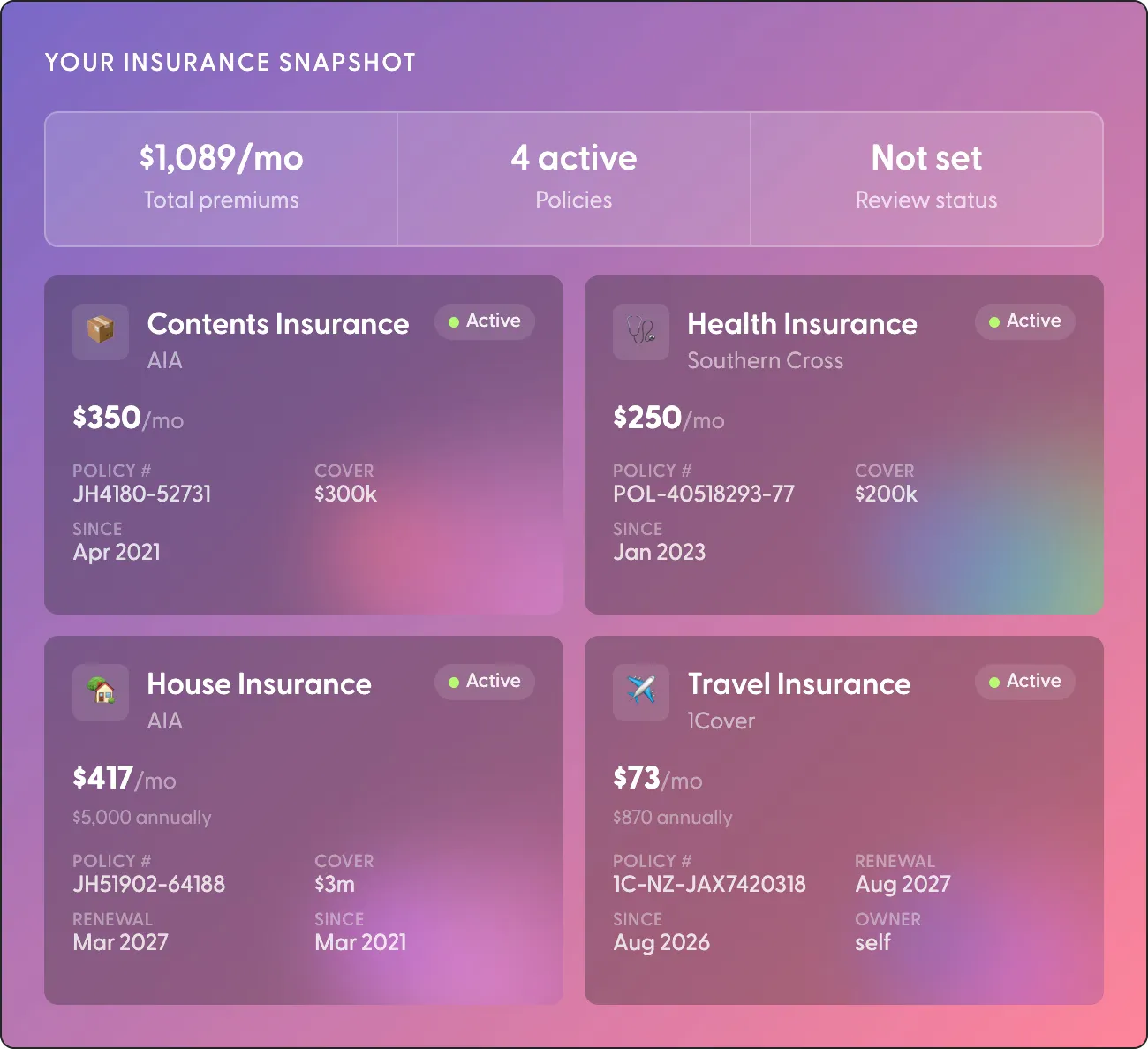 The Protection area of SortMe: an insurance snapshot showing total premiums, four active policies, and each policy's insurer, premium, policy number and cover