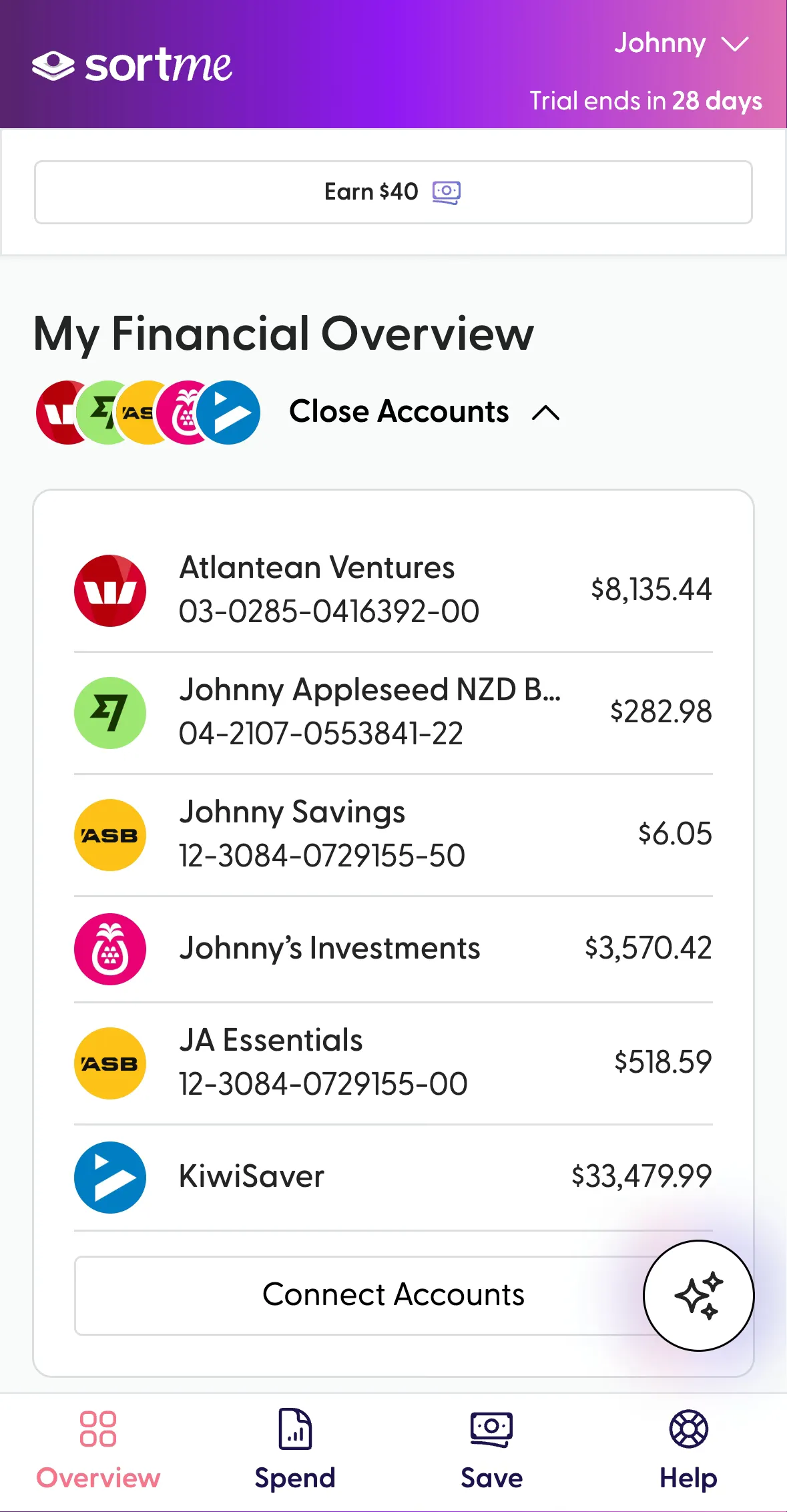 The SortMe mobile app showing every connected account in one list