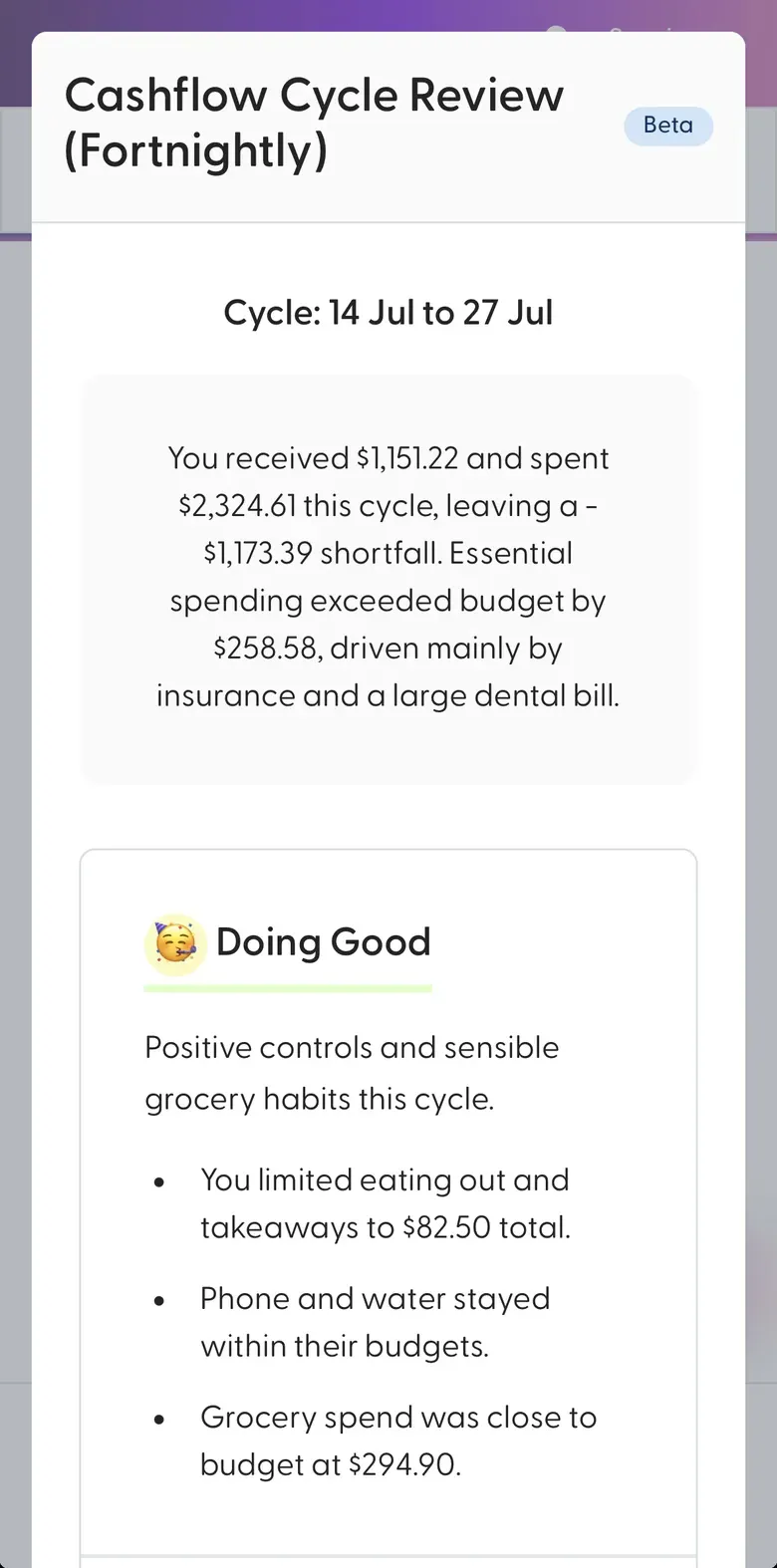 The Budget Cycle Review in the SortMe app: a pay-cycle summary of what came in, what went out, and what to change next cycle