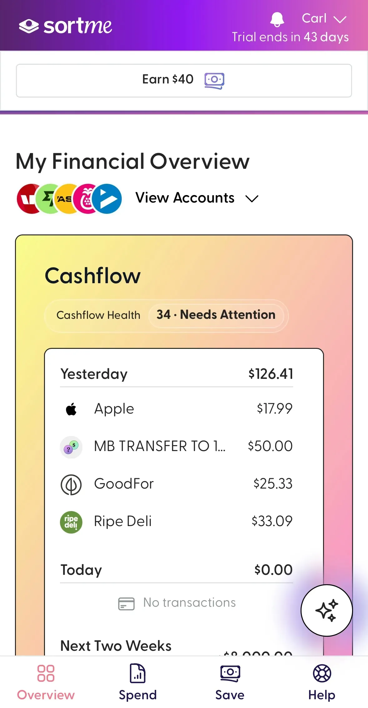 The SortMe cashflow screen, showing recent and upcoming spending