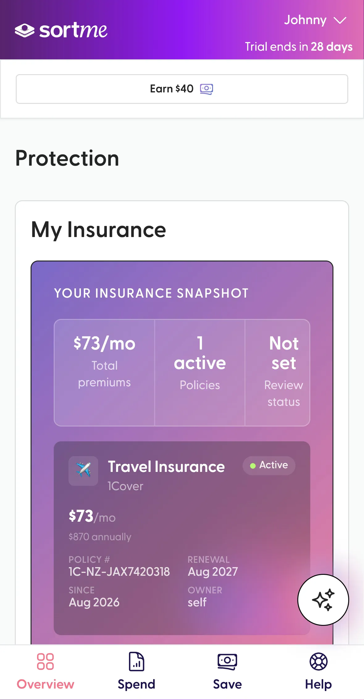 The Protection area of the SortMe app, showing an insurance register with policy details and totals