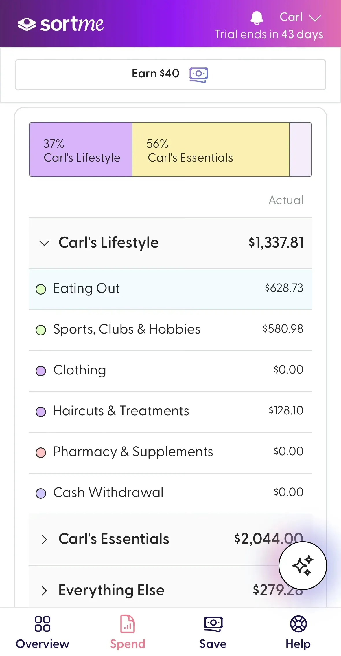 The SortMe mobile app spend screen