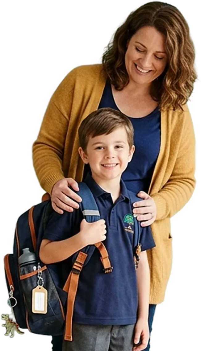 A mother seeing her son off to school
