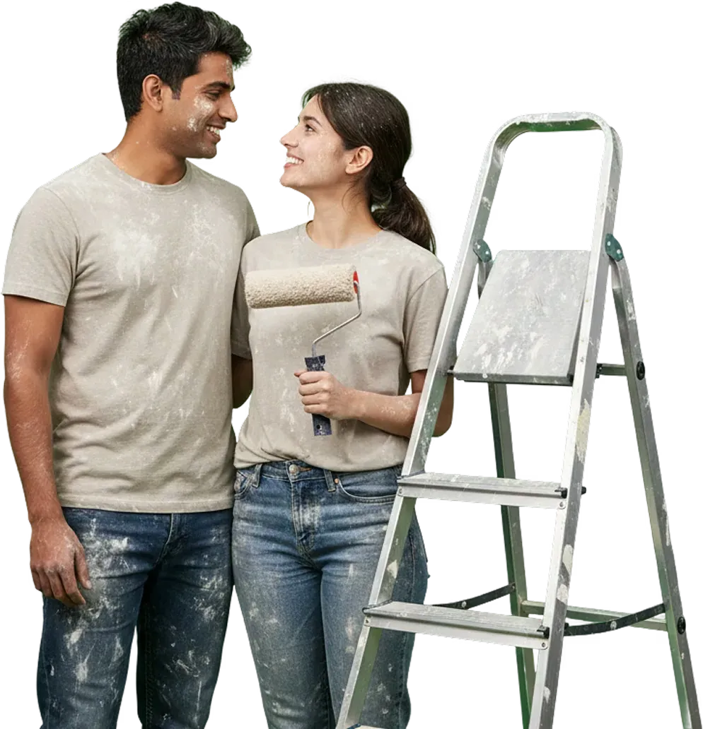 A couple mid-renovation, paint roller in hand