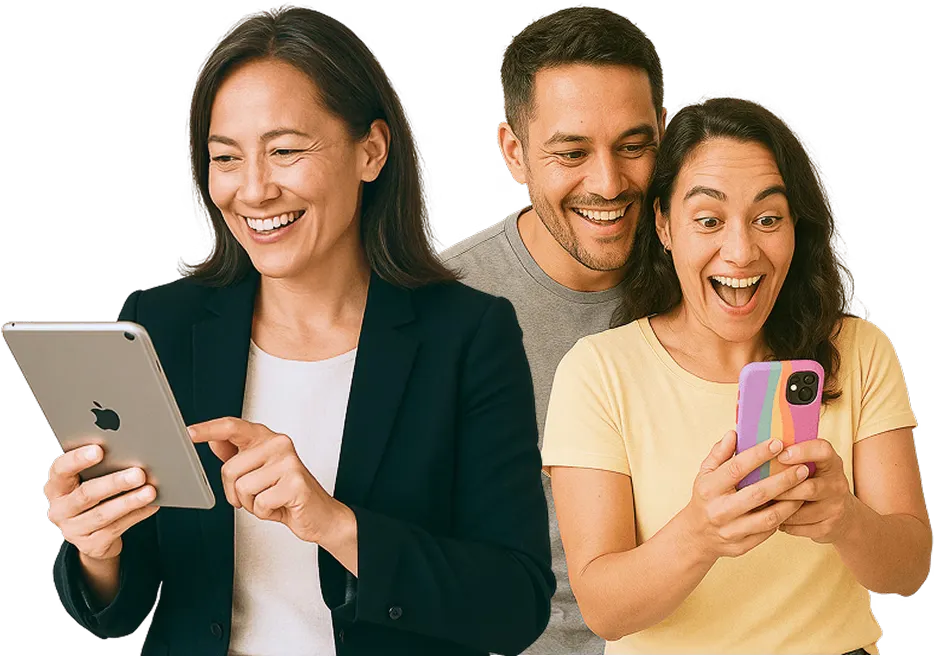 Three people looking at their finances on a tablet and a phone
